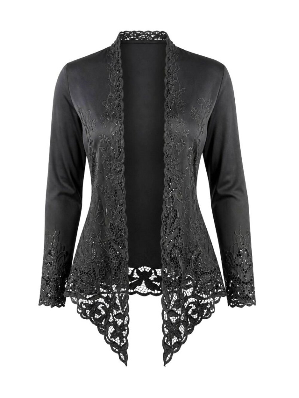 Vintage Serendipity of Maui Black Lace-Trim Open-Front Cover-Up Wrap